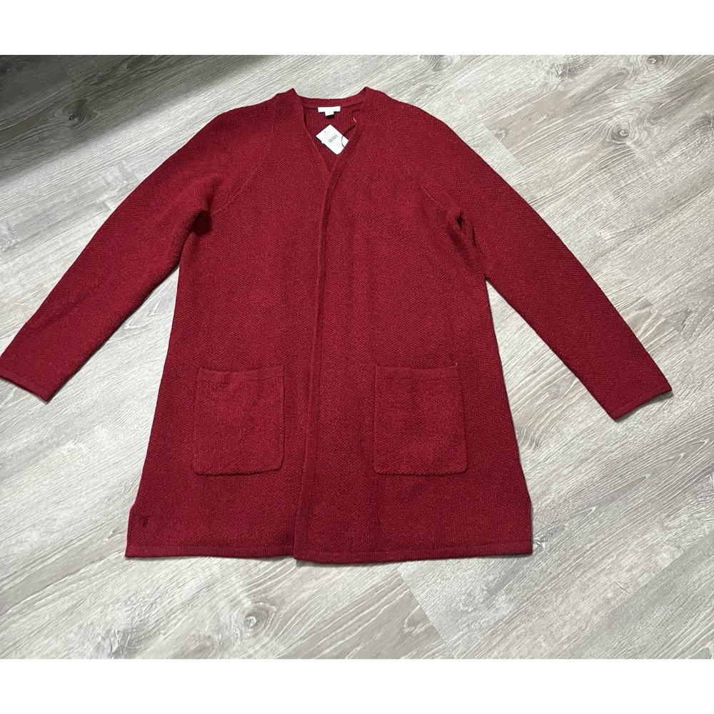 J Jill Womens Long Cardigan LP Open Silk Wool Cotton Blend Quiet Luxury Red